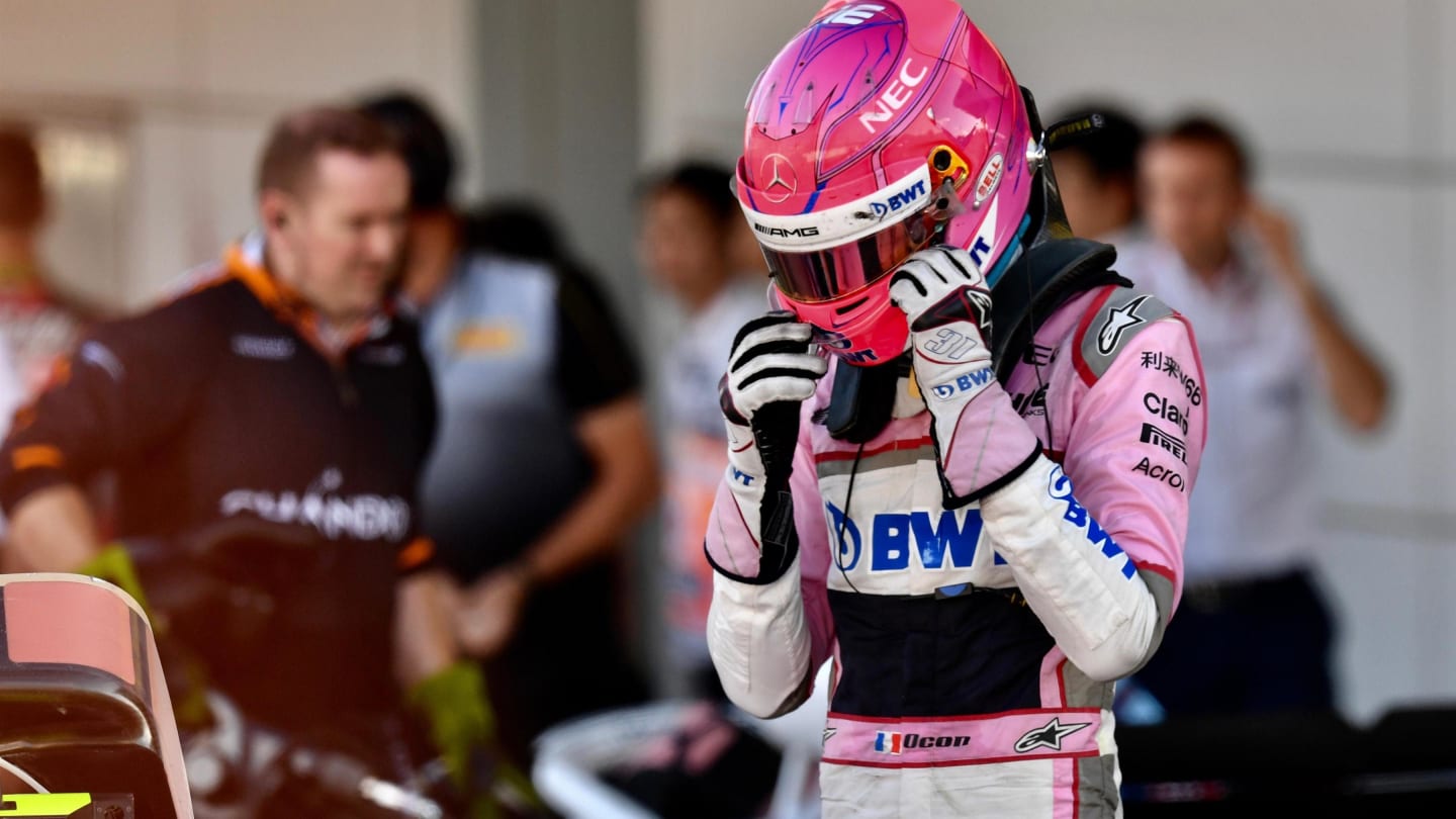 Esteban Ocon, Racing Point Force India F1 Team in parc ferme at Formula One World Championship, Rd17, Japanese Grand Prix, Race, Suzuka, Japan, Sunday 7 October 2018.