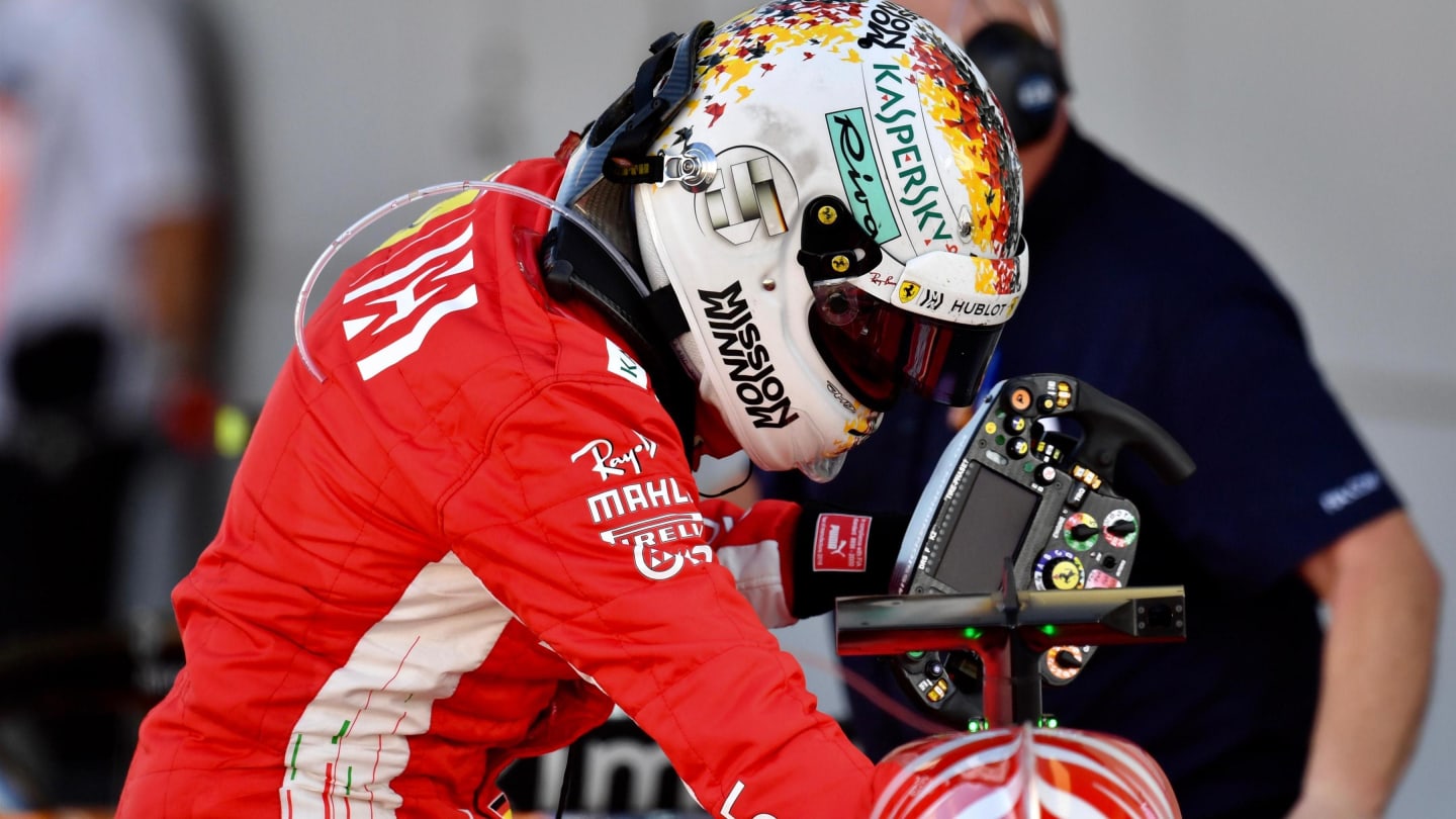 Sebastian Vettel, Ferrari in parc ferme with Ferrari SF-71H stewering wheel at Formula One World
