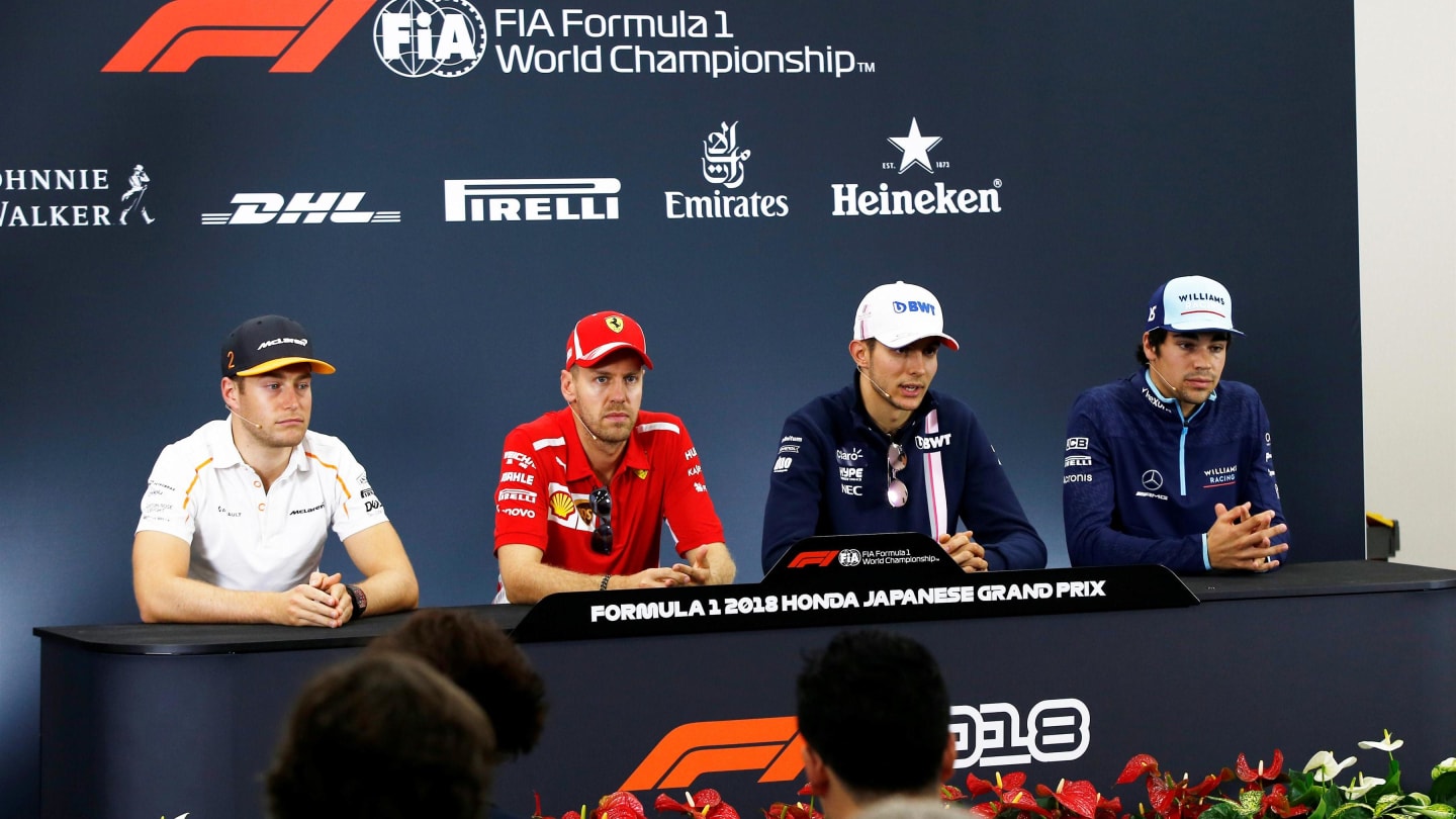 (L to R): Stoffel Vandoorne, McLaren, Sebastian Vettel, Ferrari, Esteban Ocon, Racing Point Force