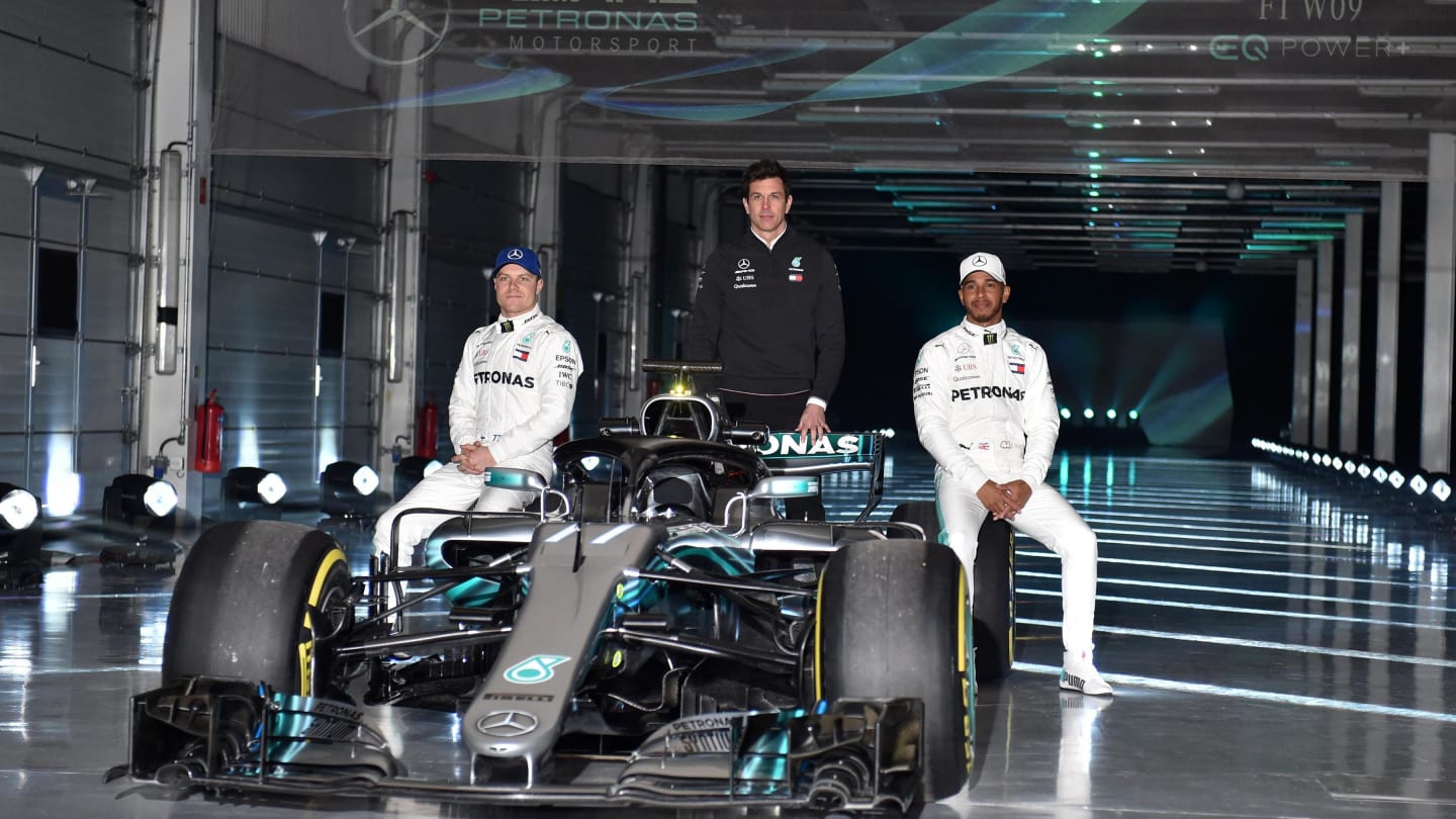 Valtteri Bottas (FIN) Mercedes-AMG F1, Toto Wolff (AUT) Mercedes AMG F1 Director of Motorsport and Lewis Hamilton (GBR) Mercedes-AMG F1 at Mercedes-AMG F1 W09 EQ Power+ Launch and First Run, Silverstone, England, 22 February 2018. © Simon Galloway/Sutton Images