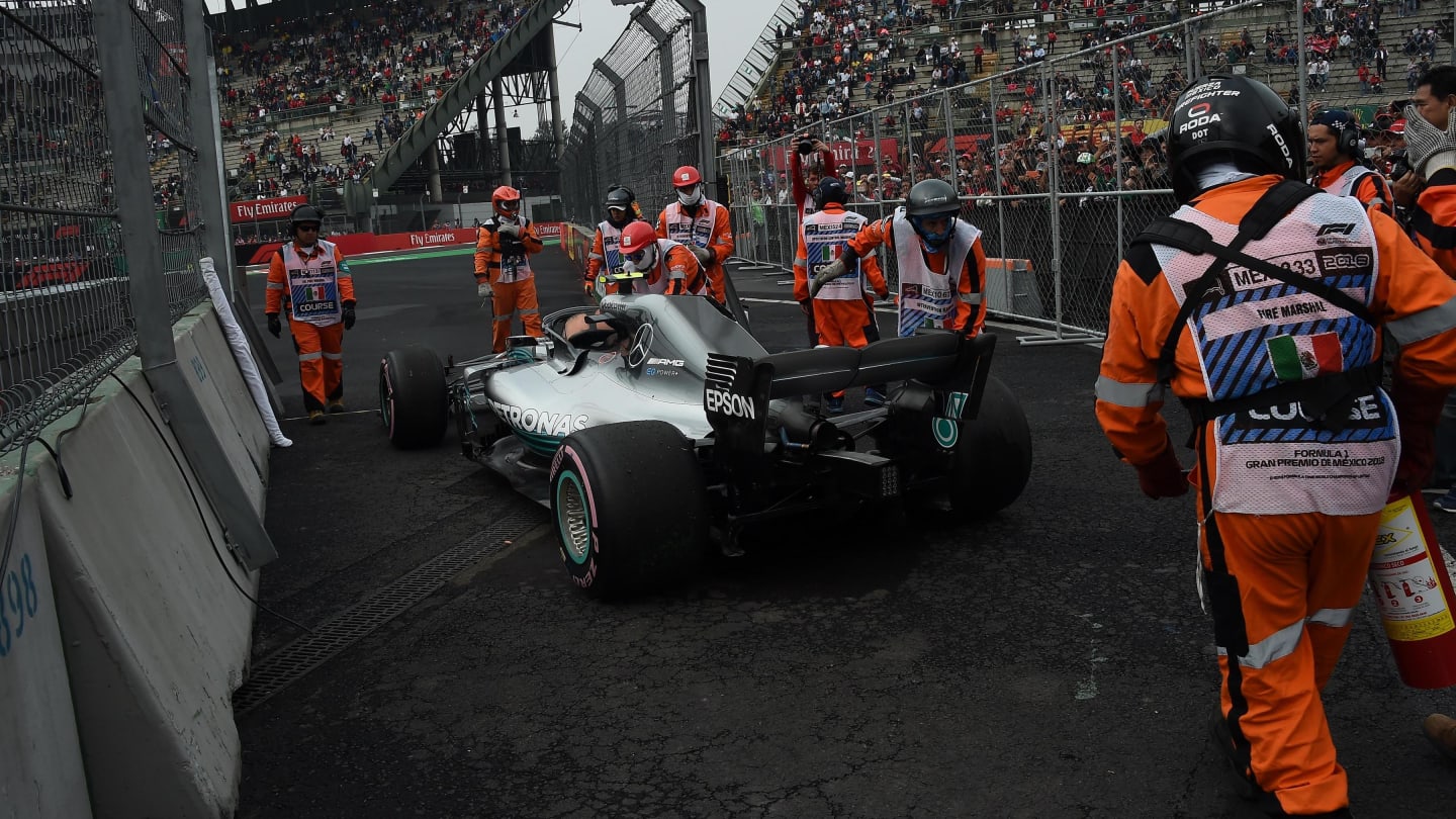Car of Valtteri Bottas, Mercedes AMG F1 after stopping on track during FP2 at Formula One World Championship, Rd19, Mexican Grand Prix, Qualifying, Circuit Hermanos Rodriguez, Mexico City, Mexico, Saturday 27 October 2018.