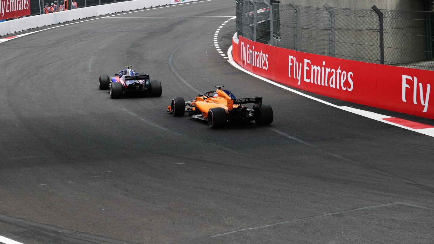 Fernando Alonso, McLaren MCL33 and Pierre Gasly, Scuderia Toro Rosso STR13 at Formula One World Championship, Rd19, Mexican Grand Prix, Qualifying, Circuit Hermanos Rodriguez, Mexico City, Mexico, Saturday 27 October 2018.