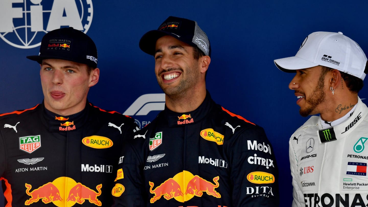 (L to R): Max Verstappen, Red Bull Racing, Daniel Ricciardo, Red Bull Racing and Lewis Hamilton,