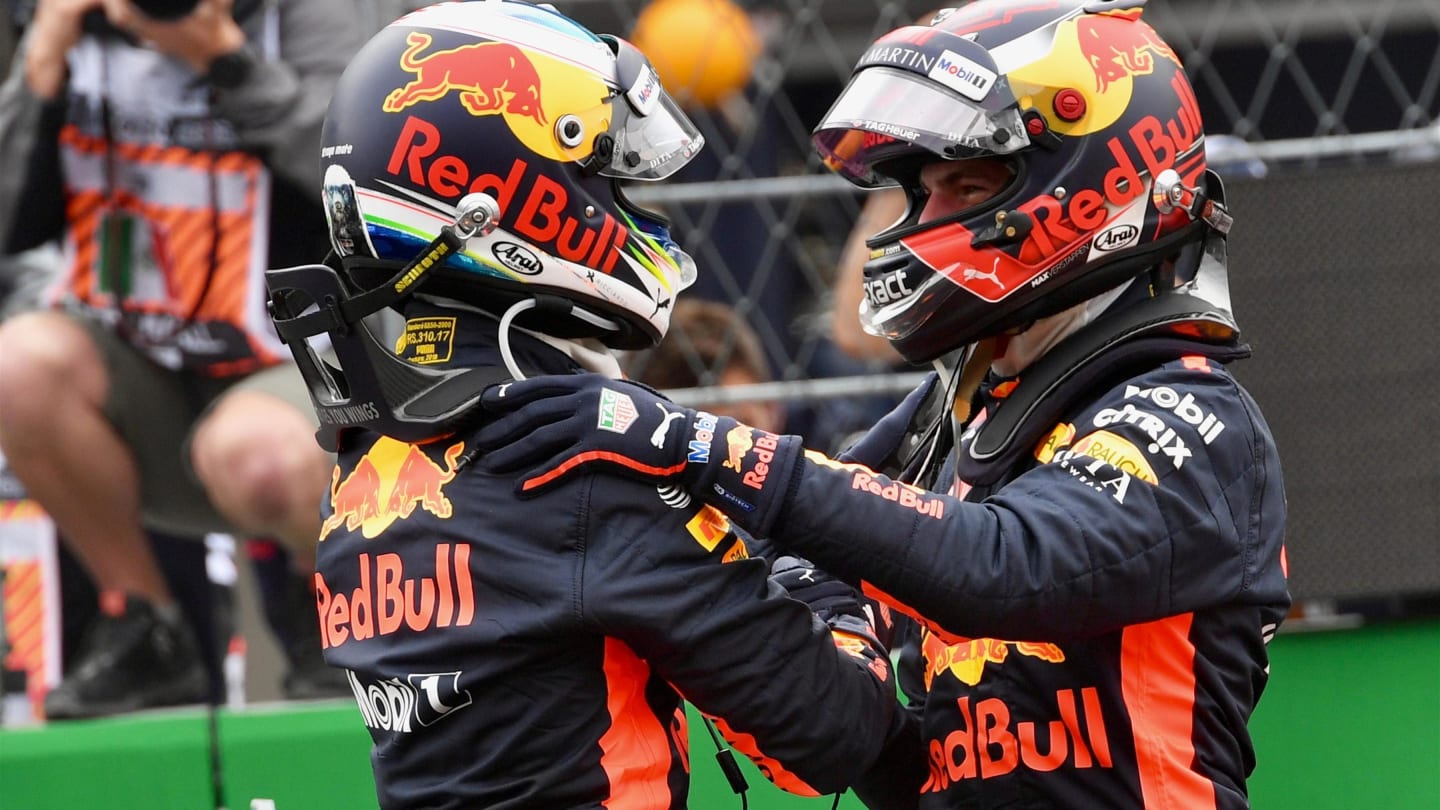 Daniel Ricciardo, Red Bull Racing and Max Verstappen, Red Bull Racing celebrate in parc ferme at Formula One World Championship, Rd19, Mexican Grand Prix, Qualifying, Circuit Hermanos Rodriguez, Mexico City, Mexico, Saturday 27 October 2018.