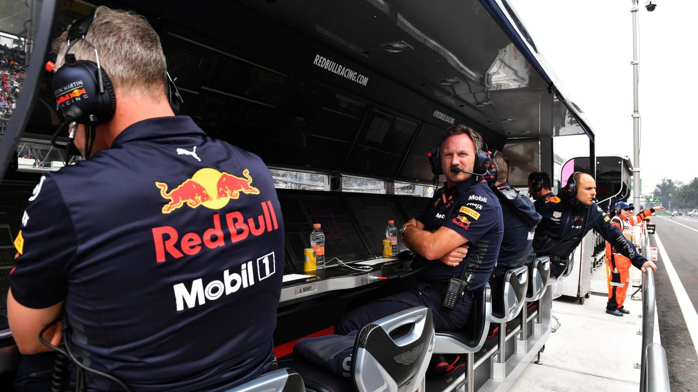 Christian Horner, Red Bull Racing Team Principal on Red Bull Racing pit wall gantry at Formula One