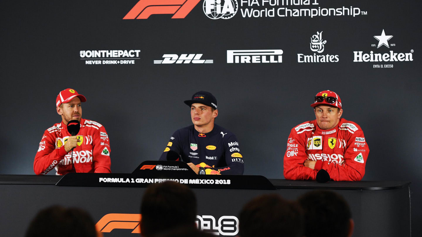 (L to R): Sebastian Vettel, Ferrari, Max Verstappen, Red Bull Racing and Kimi Raikkonen, Ferrari in