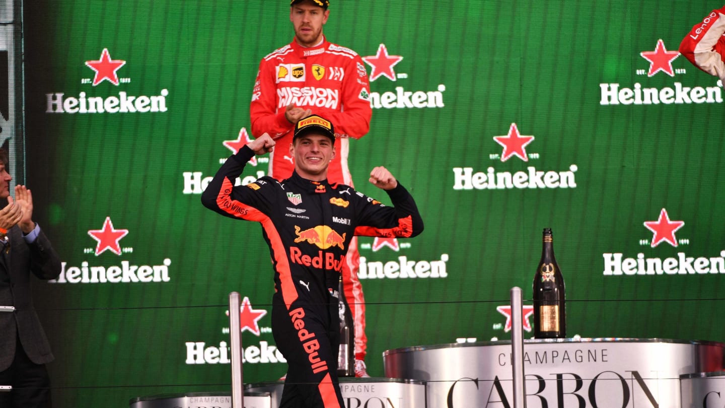 Race winner Max Verstappen, Red Bull Racing celebrates on the podium at Formula One World