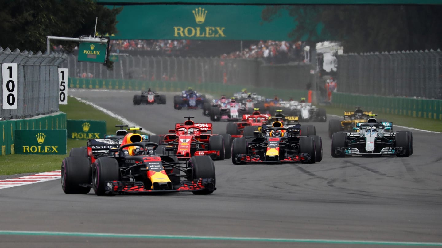 Max Verstappen, Red Bull Racing RB14 leads at the start of the race at Formula One World