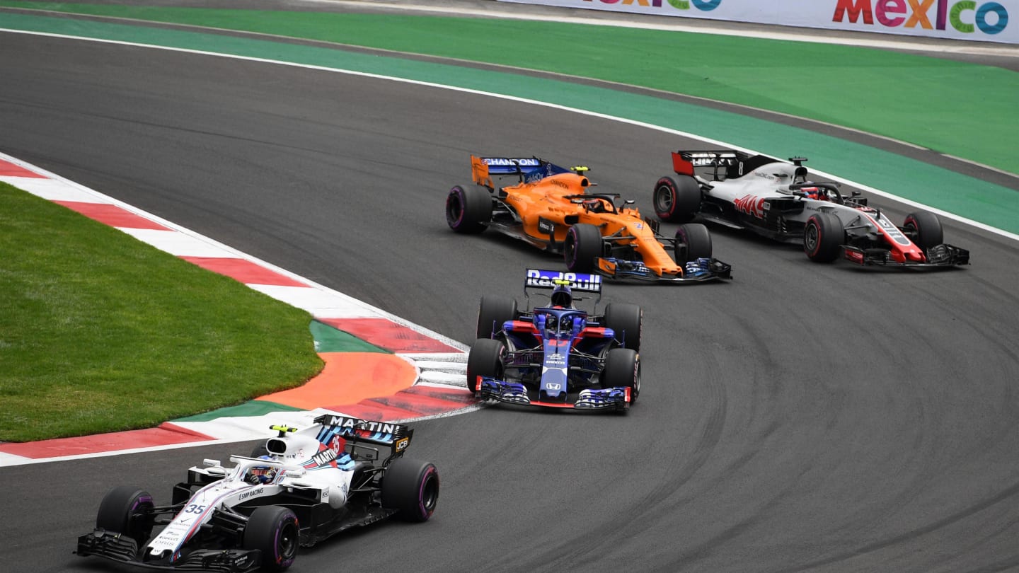 Sergey Sirotkin, Williams FW41, Brendon Hartley, Toro Rosso STR13, Stoffel Vandoorne, McLaren MCL33 and Romain Grosjean, Haas F1 Team VF-18 at Formula One World Championship, Rd19, Mexican Grand Prix, Race, Circuit Hermanos Rodriguez, Mexico City, Mexico, Sunday 28 October 2018.
