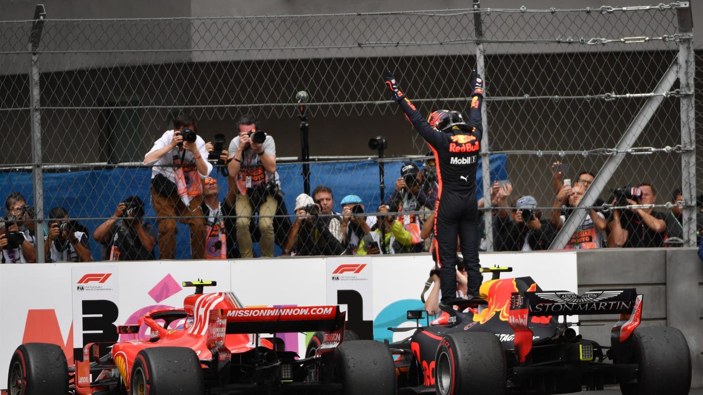 Race winner Max Verstappen, Red Bull Racing RB14 celebrates in Parc Ferme at Formula One World Championship, Rd19, Mexican Grand Prix, Race, Circuit Hermanos Rodriguez, Mexico City, Mexico, Sunday 28 October 2018.