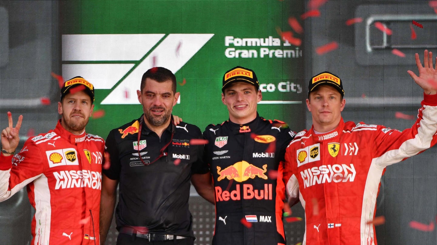 lre Sebastian Vettel, Ferrari, Guillaume Rocquelin, Red Bull Racing Race Engineer, Max Verstappen, Red Bull Racing and Kimi Raikkonen, Ferrari celebrate on the podium at Formula One World Championship, Rd19, Mexican Grand Prix, Race, Circuit Hermanos Rodriguez, Mexico City, Mexico, Sunday 28 October 2018.