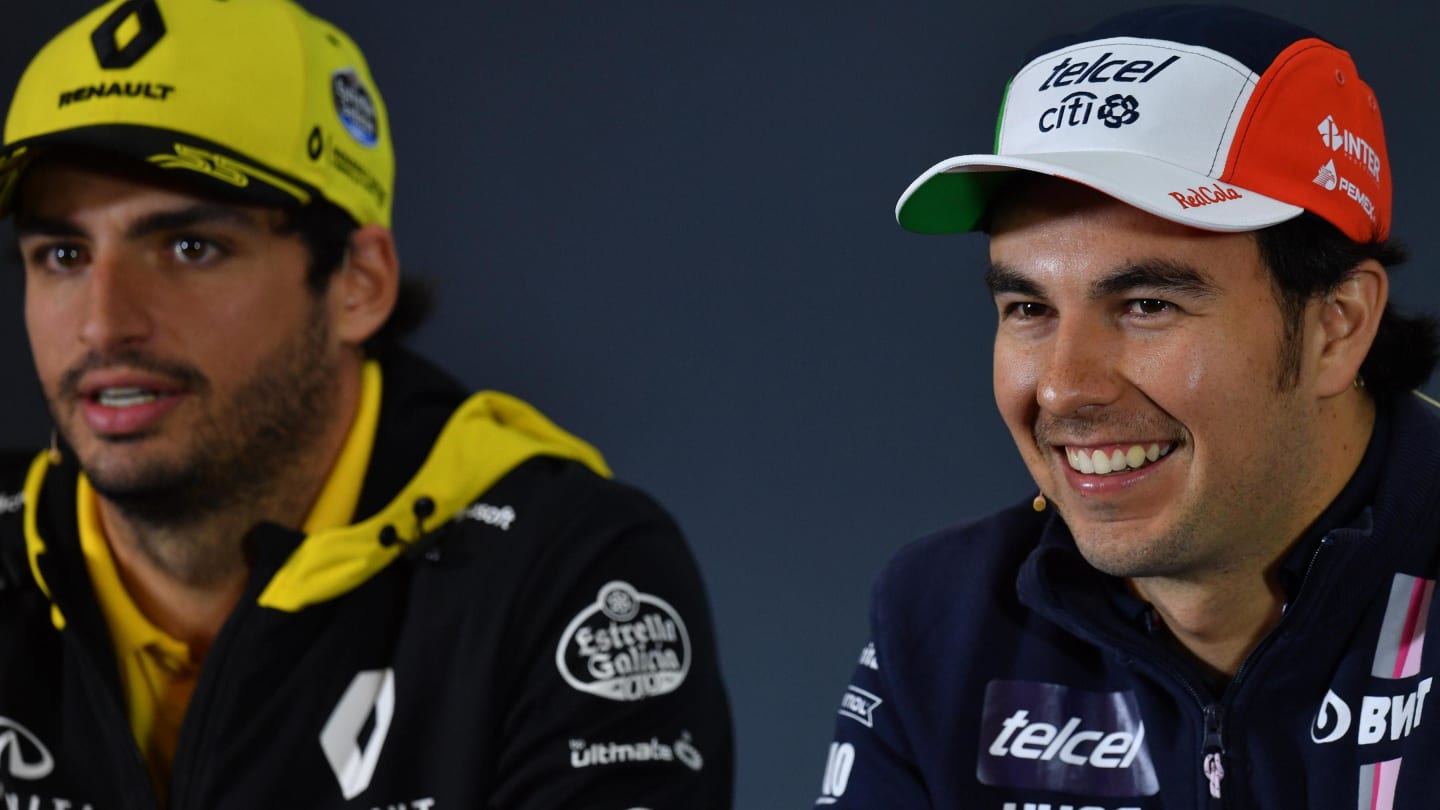 Carlos Sainz Jr, Renault Sport F1 Team and Sergio Perez, Racing Point Force India F1 Team in Press Conference at Formula One World Championship, Rd19, Mexican Grand Prix, Preparations, Circuit Hermanos Rodriguez, Mexico City, Mexico, Thursday 25 October 2018.