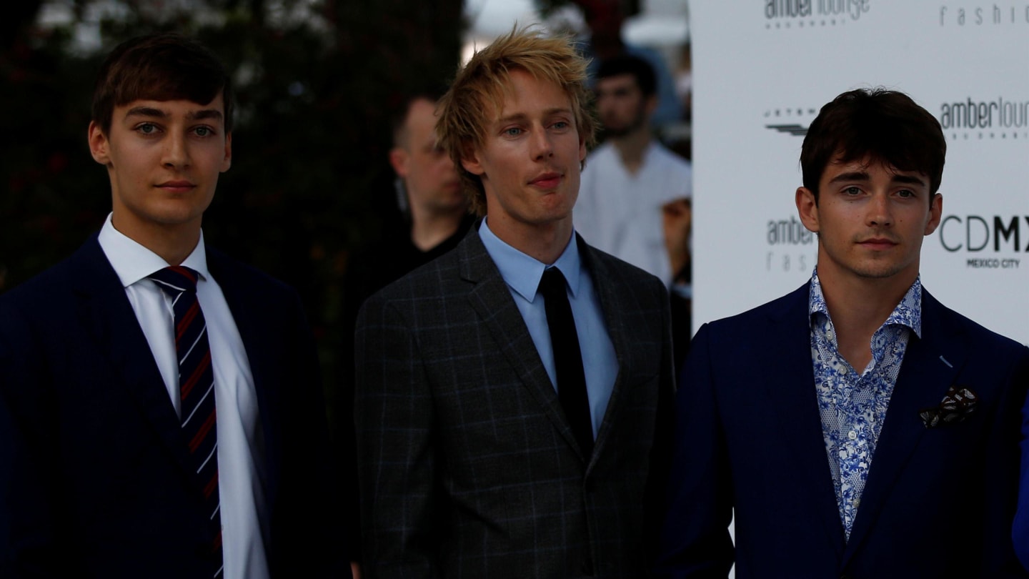 George Russell (GBR), Brendon Hartley (NZL) Scuderia Toro Rosso and Charles Leclerc (MON) Alfa Romeo Sauber F1 Team and Charles Leclerc (MON) Alfa Romeo Sauber F1 Team at Amber Lounge Fasion Show, Le Meridien Beach Plaza Hotel, Monaco, Friday 25 May 2018. © Manuel Goria/Sutton Images