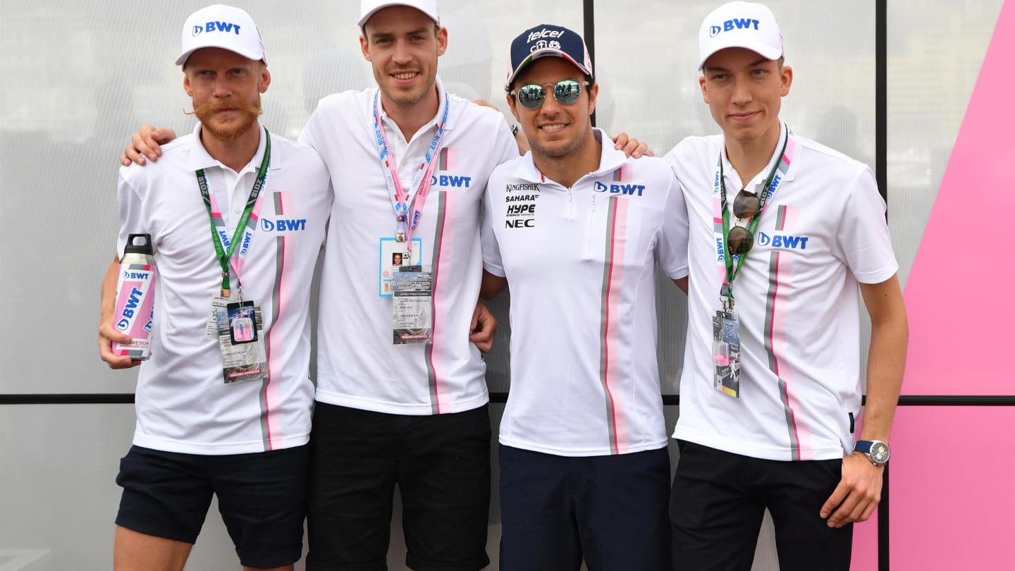 From Sunday...   Perez Force India with Norwegian Olympic Ski Jumping Champions Andreas Stjernen, Robert Johansson and Johann Andre Forfang at F1 World Championship, Rd6, Monaco Grand Prix, Race, Monte-Carlo, Sunday 27 May 2018. © Jerry Andre/Sutton Images