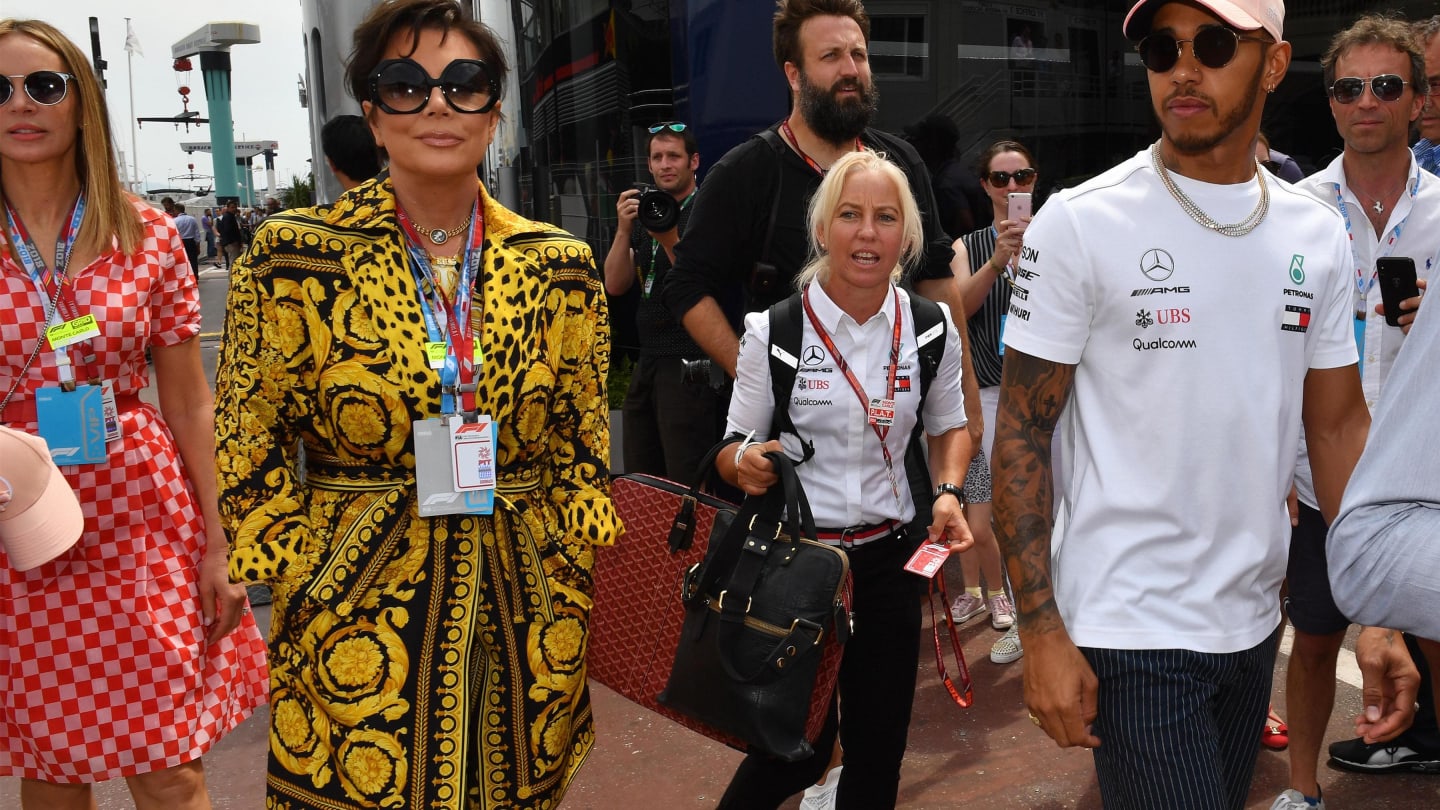 Kris Jenner (USA) and Lewis Hamilton (GBR) Mercedes-AMG F1 at Formula One World Championship, Rd6,