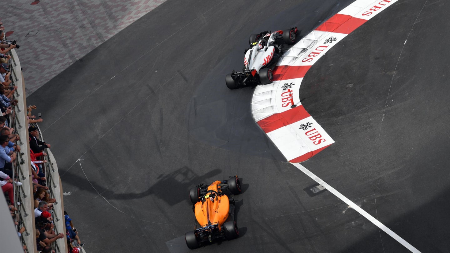 Kevin Magnussen (DEN) Haas VF-18 and Stoffel Vandoorne (BEL) McLaren MCL33 at Formula One World Championship, Rd6, Monaco Grand Prix, Race, Monte-Carlo, Monaco, Sunday 27 May 2018. © Jerry Andre/Sutton Images