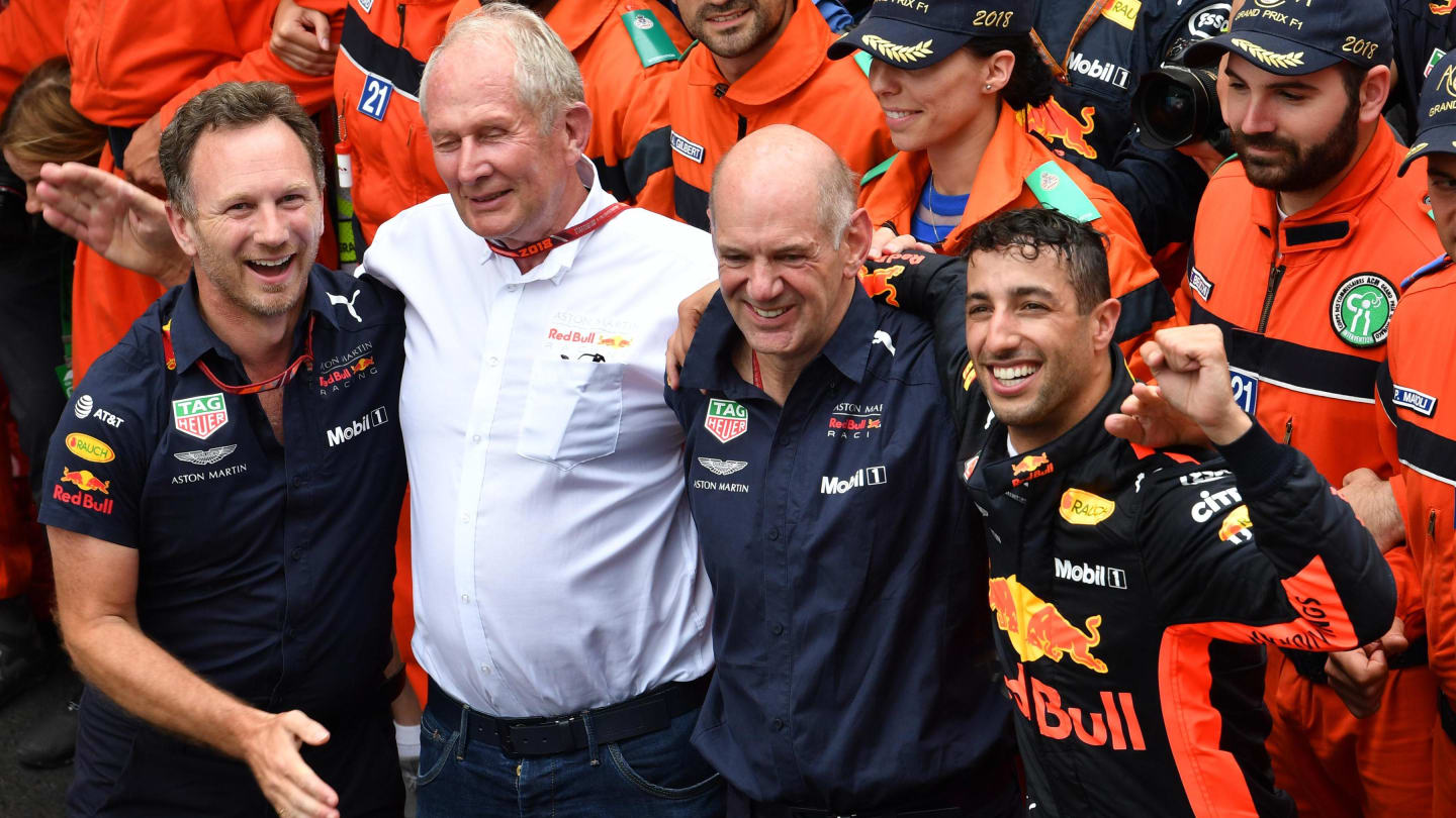 Race winner Daniel Ricciardo (AUS) Red Bull Racing celebrates in parc ferme with Christian Horner (GBR) Red Bull Racing Team Principal, Dr Helmut Marko (AUT) Red Bull Motorsport Consultant and Adrian Newey (GBR) Red Bull Racing at Formula One World Championship, Rd6, Monaco Grand Prix, Race, Monte-Carlo, Monaco, Sunday 27 May 2018. © Mark Sutton/Sutton Images