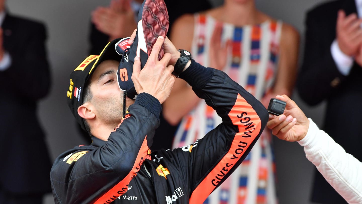Race winner Daniel Ricciardo (AUS) Red Bull Racing celebrates on the podium with a shoey at Formula One World Championship, Rd6, Monaco Grand Prix, Race, Monte-Carlo, Monaco, Sunday 27 May 2018. © Mark Sutton/Sutton Images