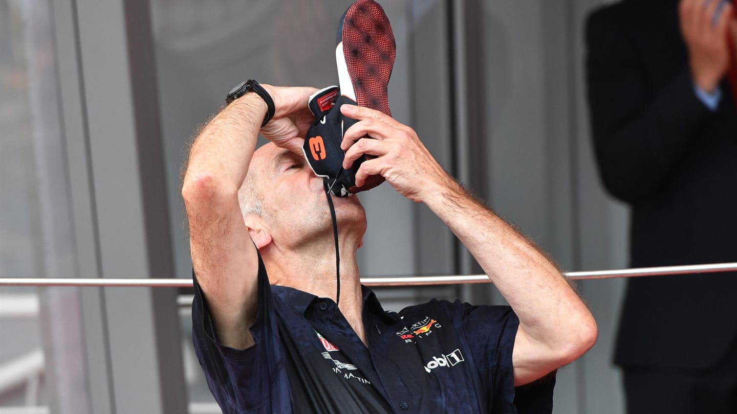 Adrian Newey (GBR) Red Bull Racing celebrates on the podium with a shoey at Formula One World Championship, Rd6, Monaco Grand Prix, Race, Monte-Carlo, Monaco, Sunday 27 May 2018. © Mark Sutton/Sutton Images