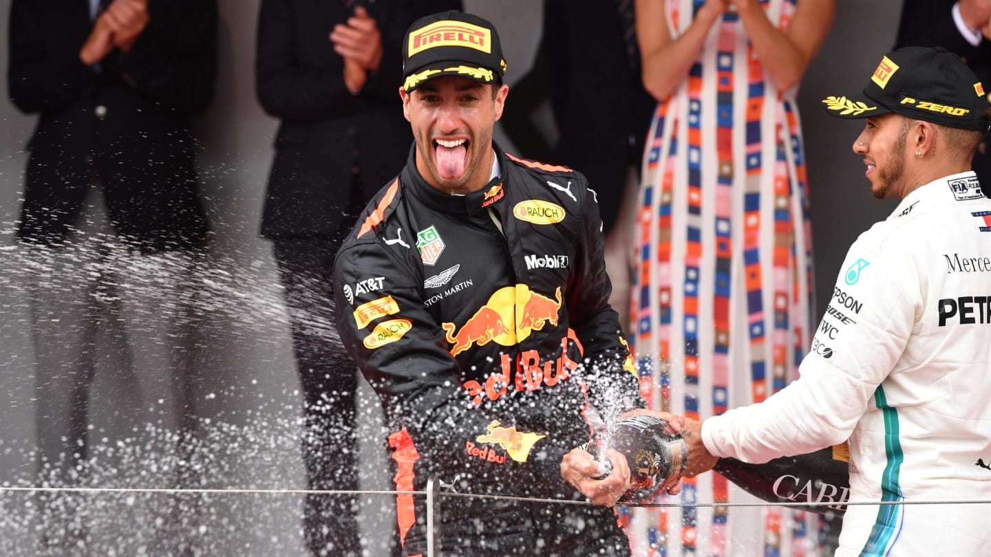 Race winner Daniel Ricciardo (AUS) Red Bull Racing celebrates on the podium with Lewis Hamilton (GBR) Mercedes-AMG F1 and the champagne at Formula One World Championship, Rd6, Monaco Grand Prix, Race, Monte-Carlo, Monaco, Sunday 27 May 2018. © Mark Sutton/Sutton Images