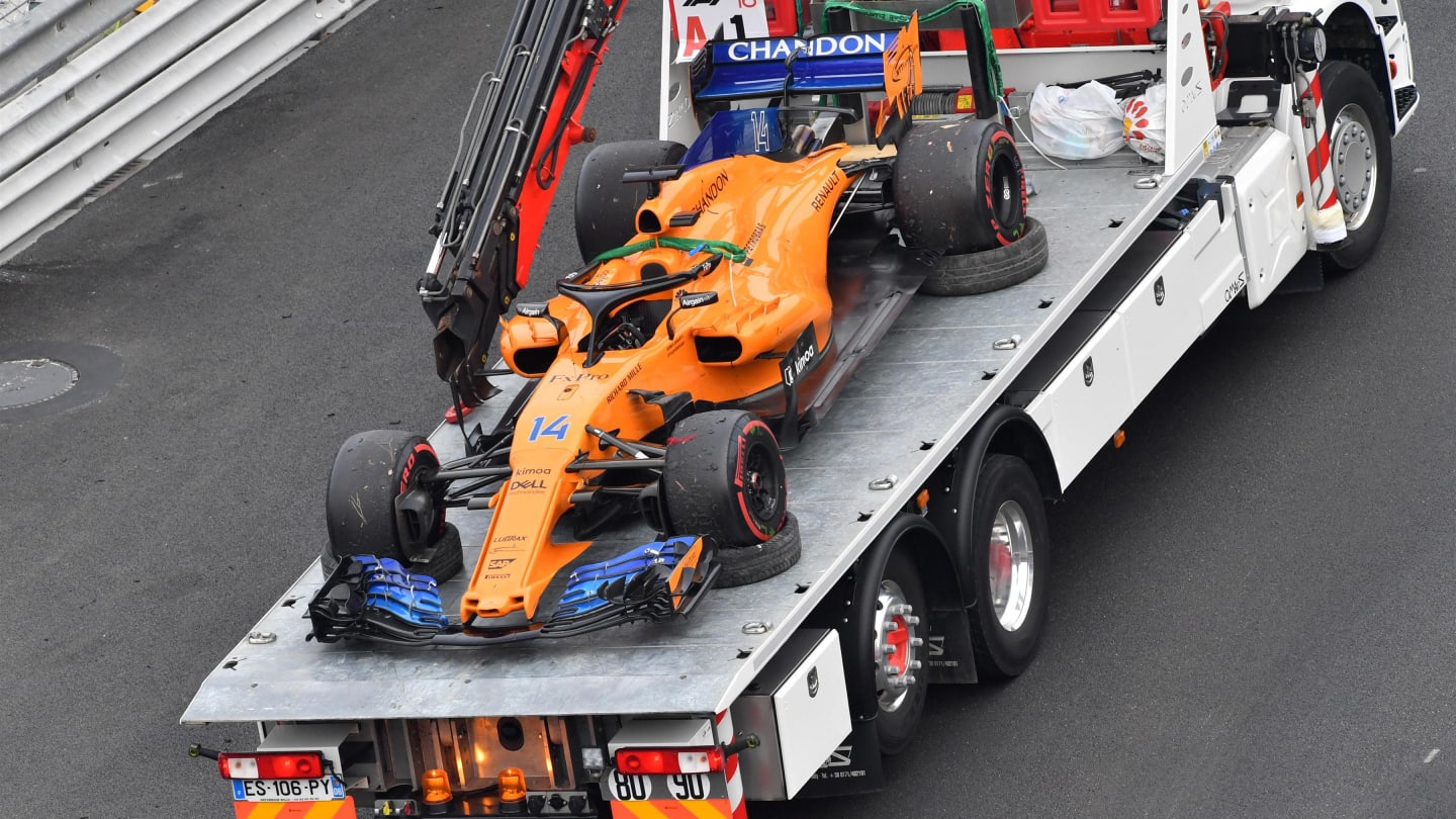 The car of Race retiree Fernando Alonso (ESP) McLaren MCL33 is recovered at Formula One World Championship, Rd6, Monaco Grand Prix, Race, Monte-Carlo, Monaco, Sunday 27 May 2018. © Jerry Andre/Sutton Images