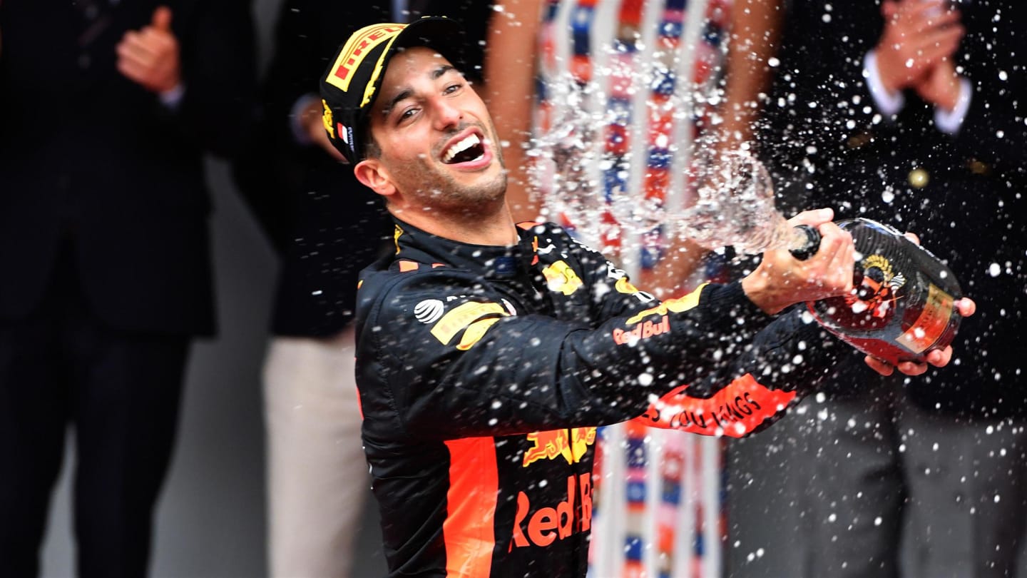 Race winner Daniel Ricciardo (AUS) Red Bull Racing celebrates on the podium with the champagne at Formula One World Championship, Rd6, Monaco Grand Prix, Race, Monte-Carlo, Monaco, Sunday 27 May 2018. © Mark Sutton/Sutton Images