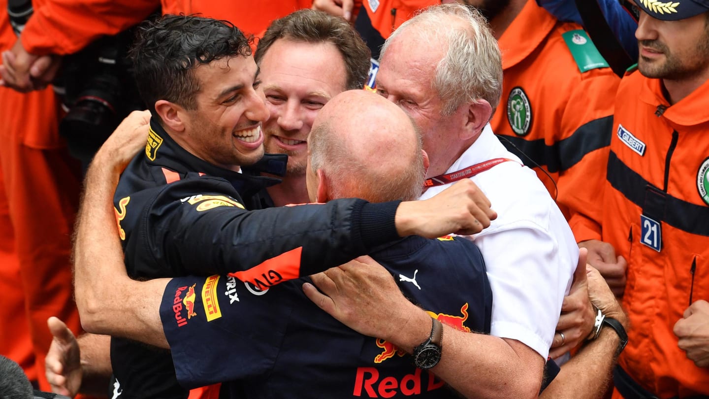 Race winner Daniel Ricciardo (AUS) Red Bull Racing celebrates with Christian Horner (GBR) Red Bull Racing Team Principal, Adrian Newey (GBR) Red Bull Racing and Dr Helmut Marko (AUT) Red Bull Motorsport Consultant in parc ferme at Formula One World Championship, Rd6, Monaco Grand Prix, Race, Monte-Carlo, Monaco, Sunday 27 May 2018. © Mark Sutton/Sutton Images