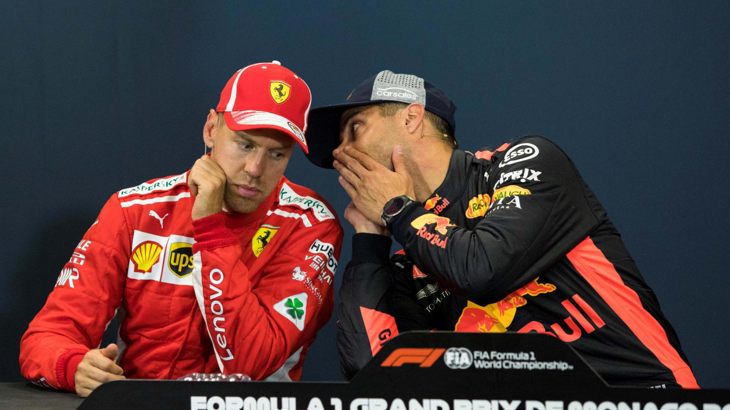 Sebastian Vettel (GER) Ferrari and Daniel Ricciardo (AUS) Red Bull Racing in the Press Conference at Formula One World Championship, Rd6, Monaco Grand Prix, Race, Monte-Carlo, Monaco, Sunday 27 May 2018. © Manuel Goria/Sutton Images
