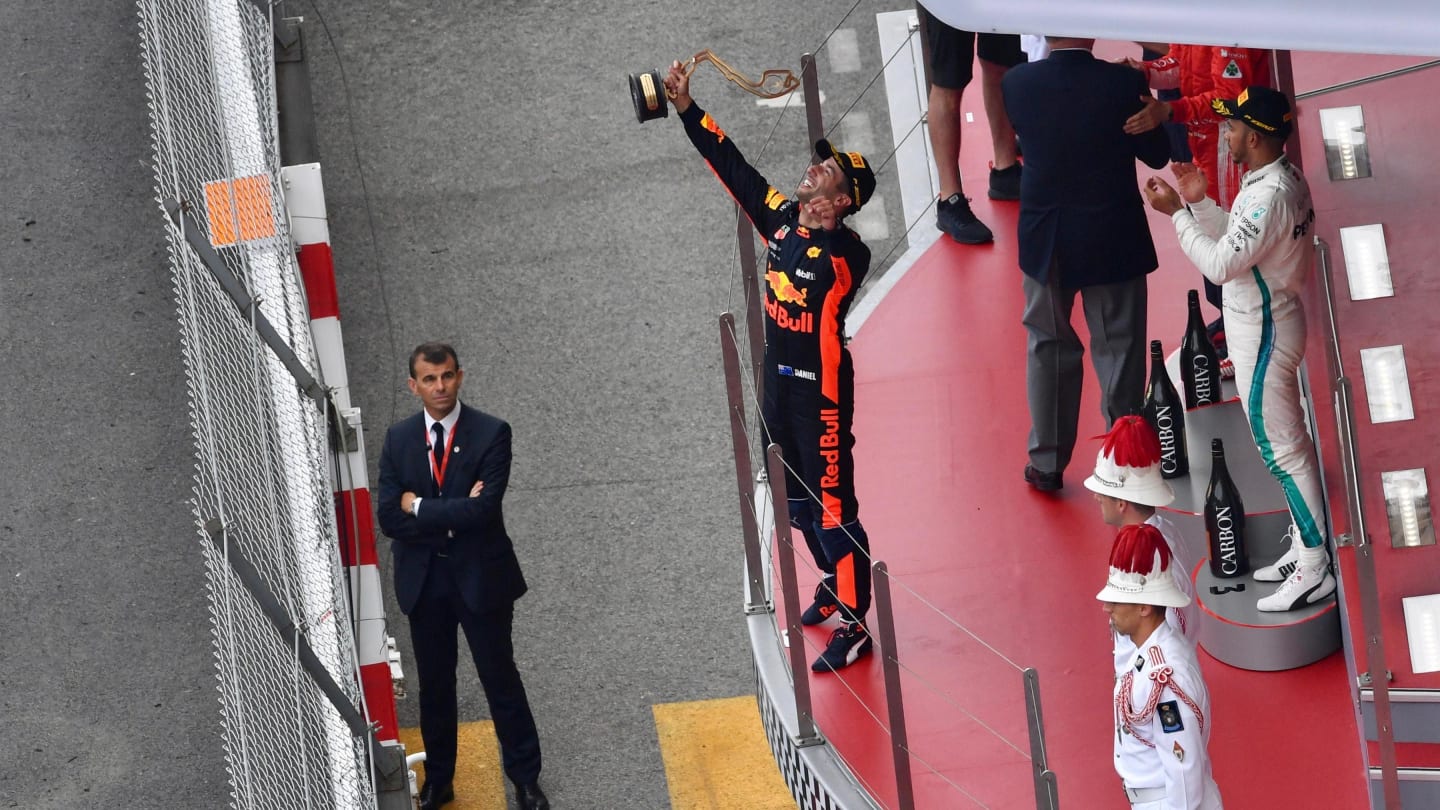 Race winner Daniel Ricciardo (AUS) Red Bull Racing celebrates on the podium with the trophy at Formula One World Championship, Rd6, Monaco Grand Prix, Race, Monte-Carlo, Monaco, Sunday 27 May 2018. © Jerry Andre/Sutton Images