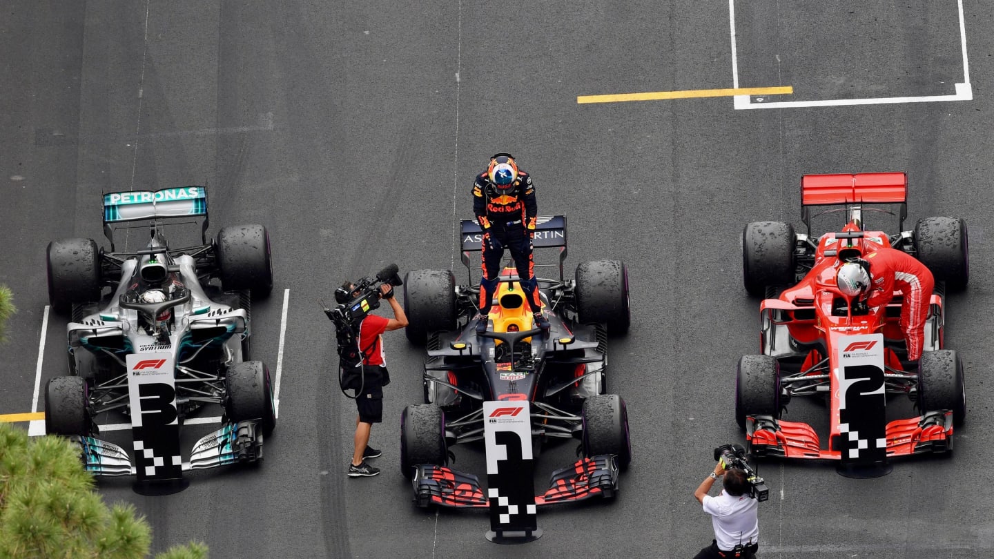Daniel Ricciardo (AUS) Red Bull Racing RB14 celebrates in parc ferme alongside Sebastian Vettel