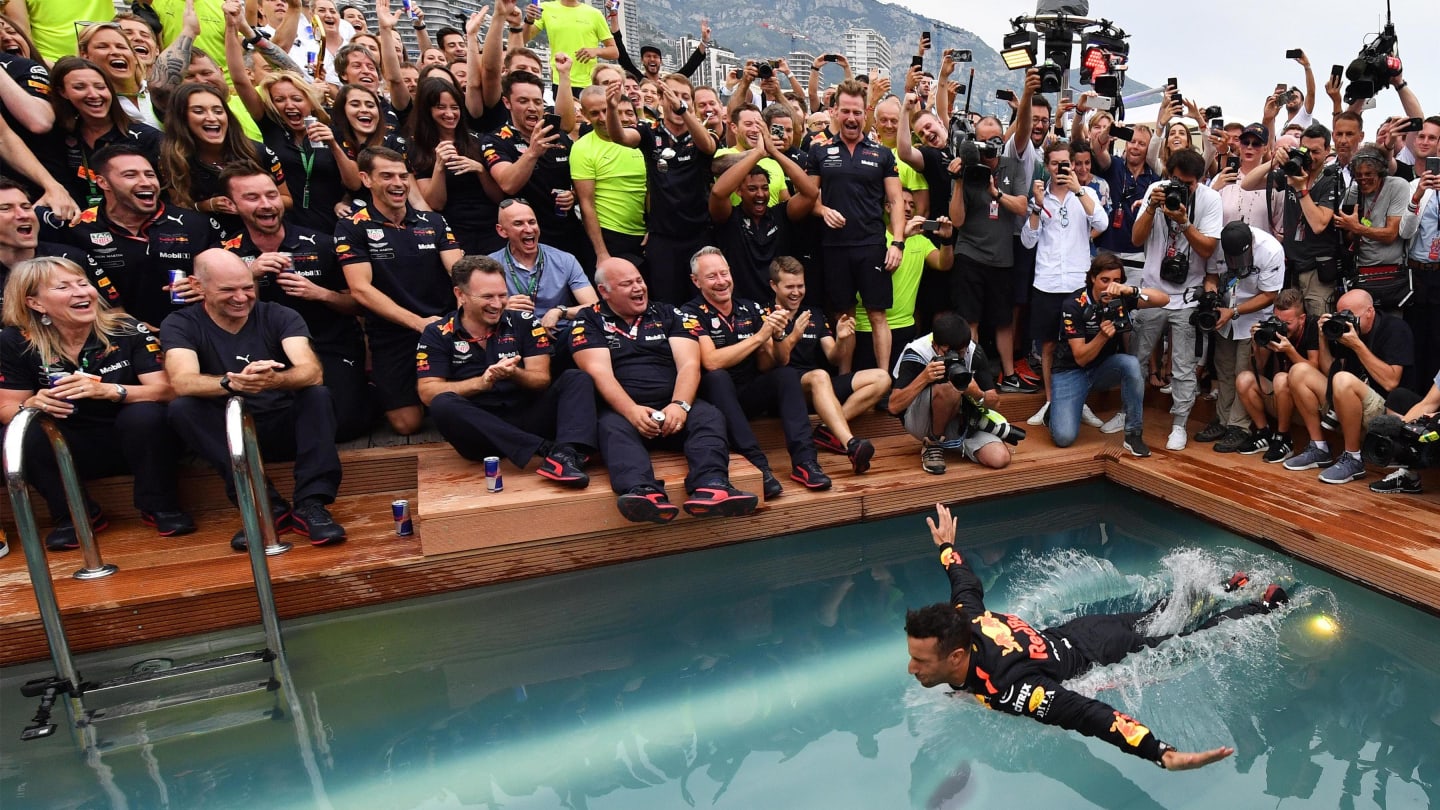 Race winner Daniel Ricciardo (AUS) Red Bull Racing celebrates in the Red Bull Energy Station swimming pool at Formula One World Championship, Rd6, Monaco Grand Prix, Race, Monte-Carlo, Monaco, Sunday 27 May 2018. © Mark Sutton/Sutton Images