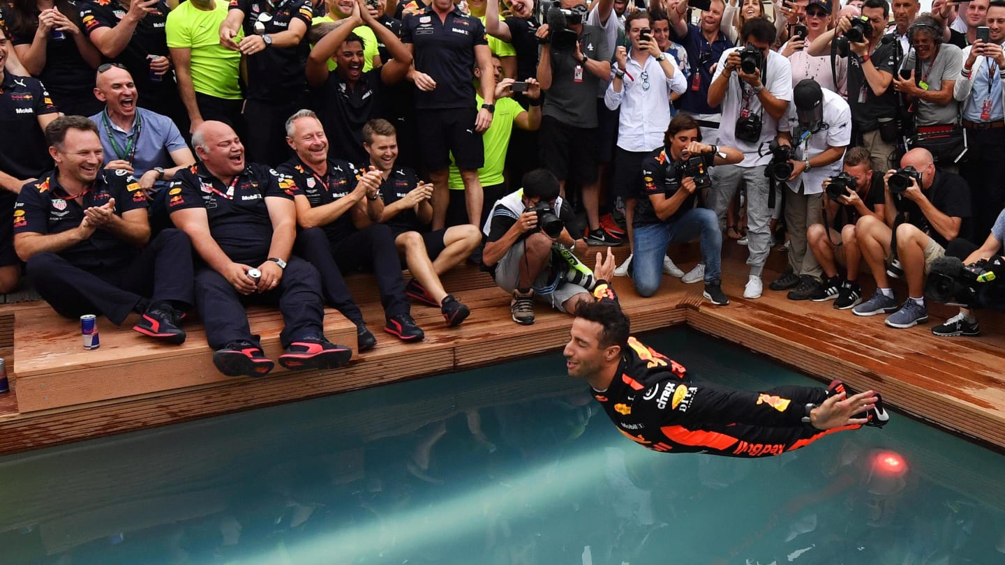 Race winner Daniel Ricciardo (AUS) Red Bull Racing celebrates in the Red Bull Energy Station swimming pool at Formula One World Championship, Rd6, Monaco Grand Prix, Race, Monte-Carlo, Monaco, Sunday 27 May 2018. © Mark Sutton/Sutton Images