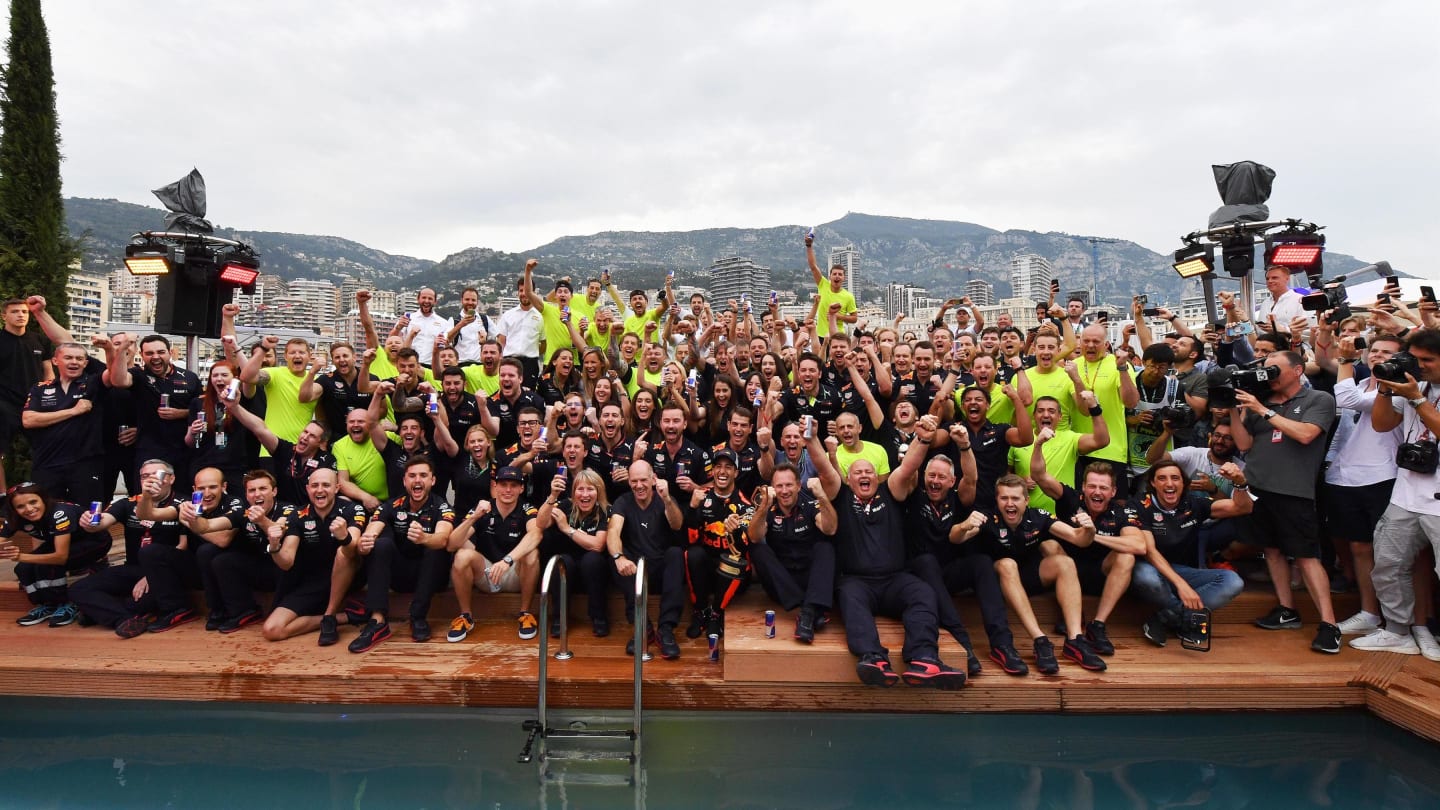 Daniel Ricciardo (AUS) Red Bull Racing and the team celebrate at the Red Bull Energy Station swimming pool at Formula One World Championship, Rd6, Monaco Grand Prix, Race, Monte-Carlo, Monaco, Sunday 27 May 2018. © Mark Sutton/Sutton Images