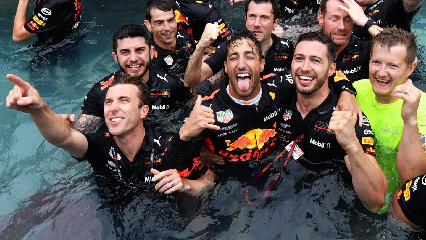 Race winner Daniel Ricciardo (AUS) Red Bull Racing celebrates with the team in the Red Bull Energy Station swimming pool at Formula One World Championship, Rd6, Monaco Grand Prix, Race, Monte-Carlo, Monaco, Sunday 27 May 2018. © Mark Sutton/Sutton Images