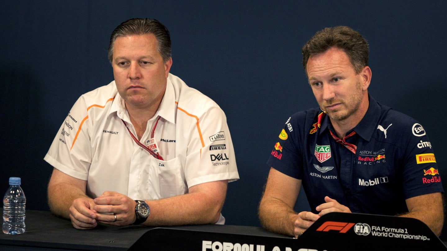 Zak Brown (USA) McLaren Racing CEO and Christian Horner (GBR) Red Bull Racing Team Principal in the Press Conference at Formula One World Championship, Rd6, Monaco Grand Prix, Practice, Monte-Carlo, Monaco, Thursday 24 May 2018. © Manuel Goria/Sutton Imag
