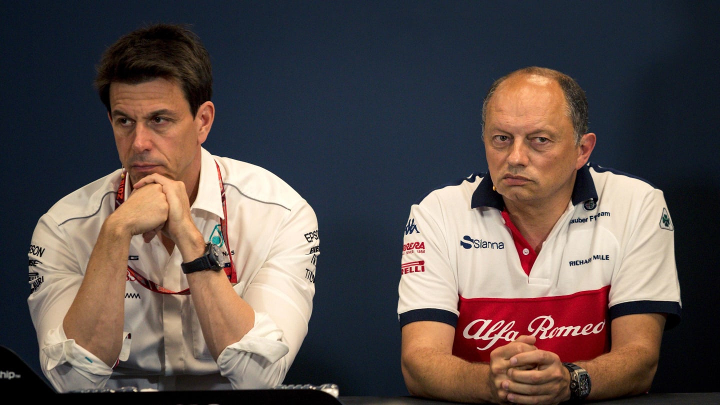 Toto Wolff (AUT) Mercedes AMG F1 Director of Motorsport and Frederic Vasseur (FRA) Alfa Romeo Sauber F1 Team, Team Principal in the Press Conference at Formula One World Championship, Rd6, Monaco Grand Prix, Practice, Monte-Carlo, Monaco, Thursday 24 May 2018. © Manuel Goria/Sutton Images