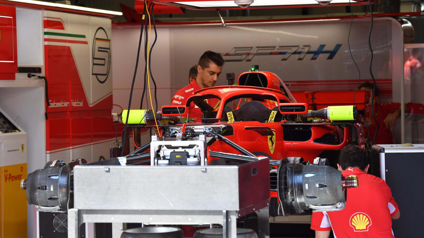 Ferrari SF-71H in the garage at Formula One World Championship, Rd6, Monaco Grand Prix, Preparations, Monte-Carlo, Monaco, Wednesday 23 May 2018. © Mark Sutton/Sutton Images