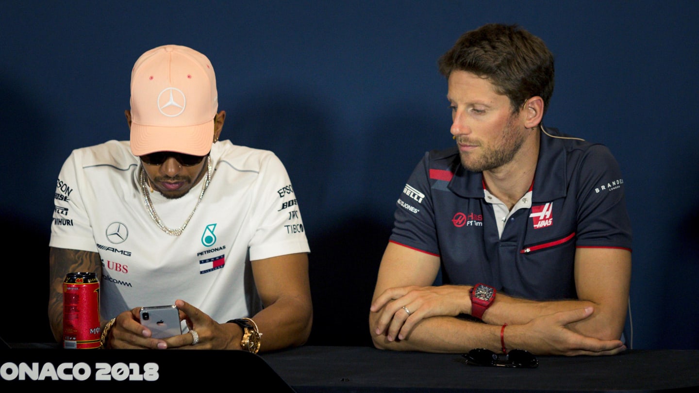 Lewis Hamilton (GBR) Mercedes-AMG F1 and Romain Grosjean (FRA) Haas F1 in the Press Conference at Formula One World Championship, Rd6, Monaco Grand Prix, Preparations, Monte-Carlo, Monaco, Wednesday 23 May 2018. © Manuel Goria/Sutton Images