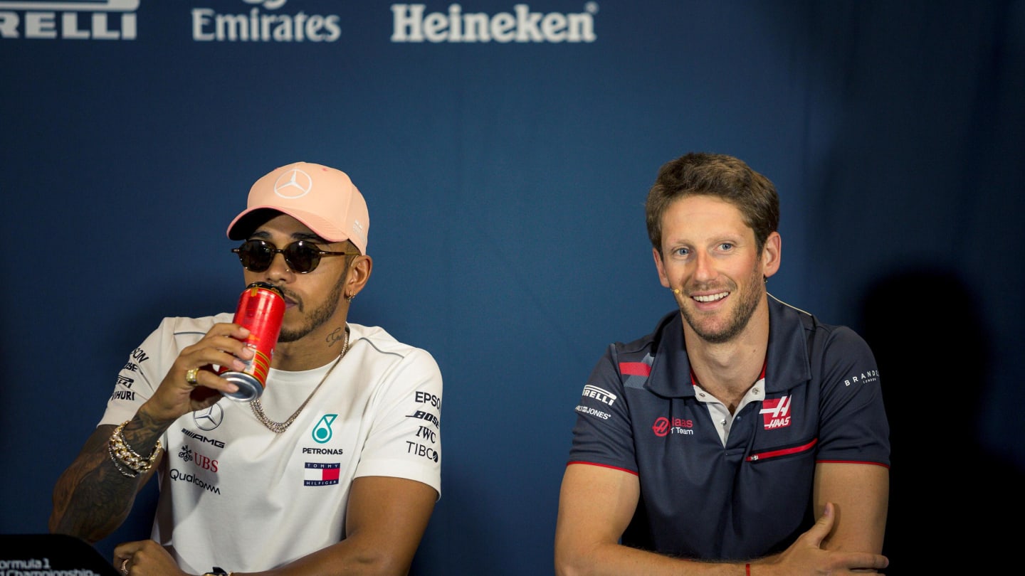 Lewis Hamilton (GBR) Mercedes-AMG F1 and Romain Grosjean (FRA) Haas F1 in the Press Conference at Formula One World Championship, Rd6, Monaco Grand Prix, Preparations, Monte-Carlo, Monaco, Wednesday 23 May 2018. © Manuel Goria/Sutton Images