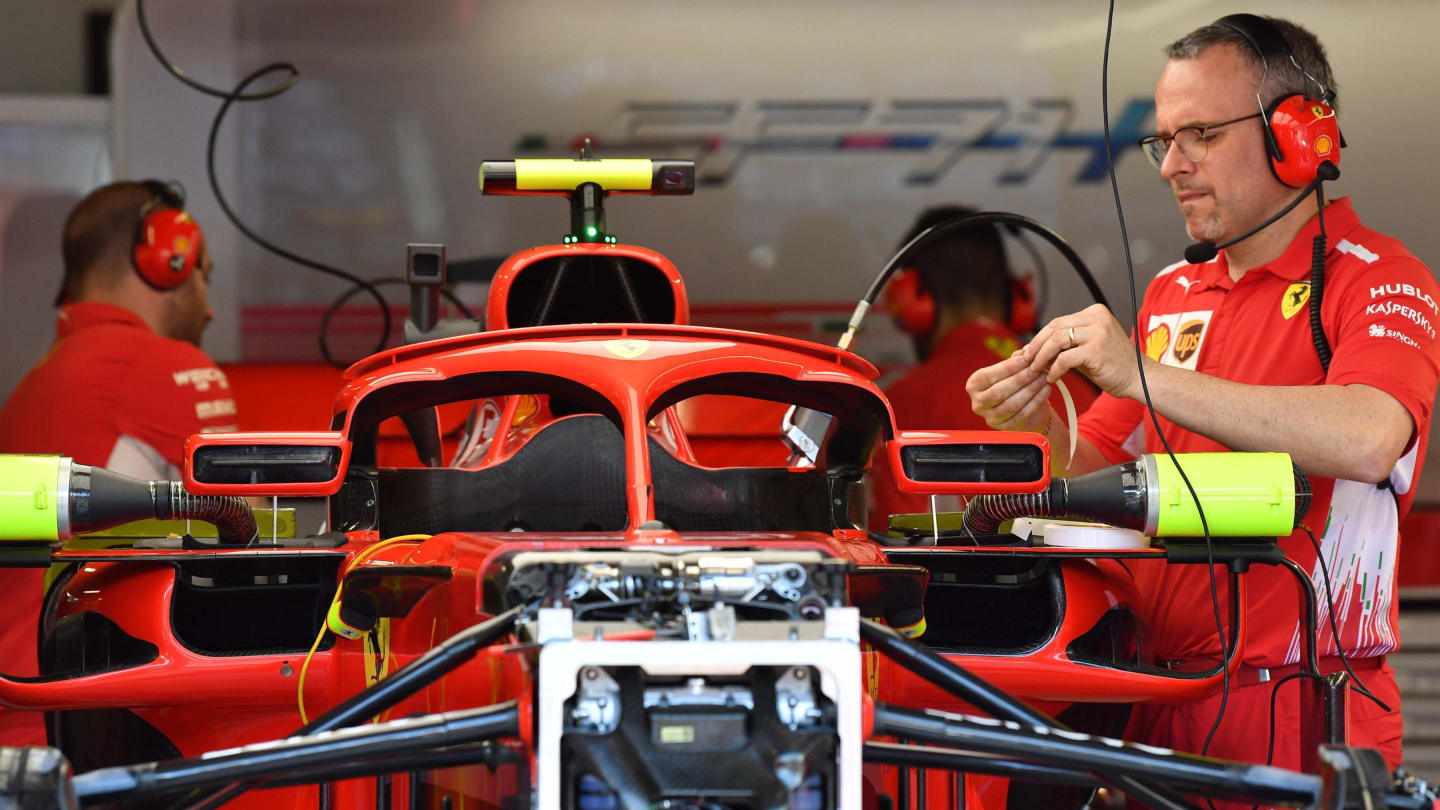 Ferrari SF-71H in the garage with halo mirrors at Formula One World Championship, Rd6, Monaco Grand Prix, Preparations, Monte-Carlo, Monaco, Wednesday 23 May 2018. © Mark Sutton/Sutton Images