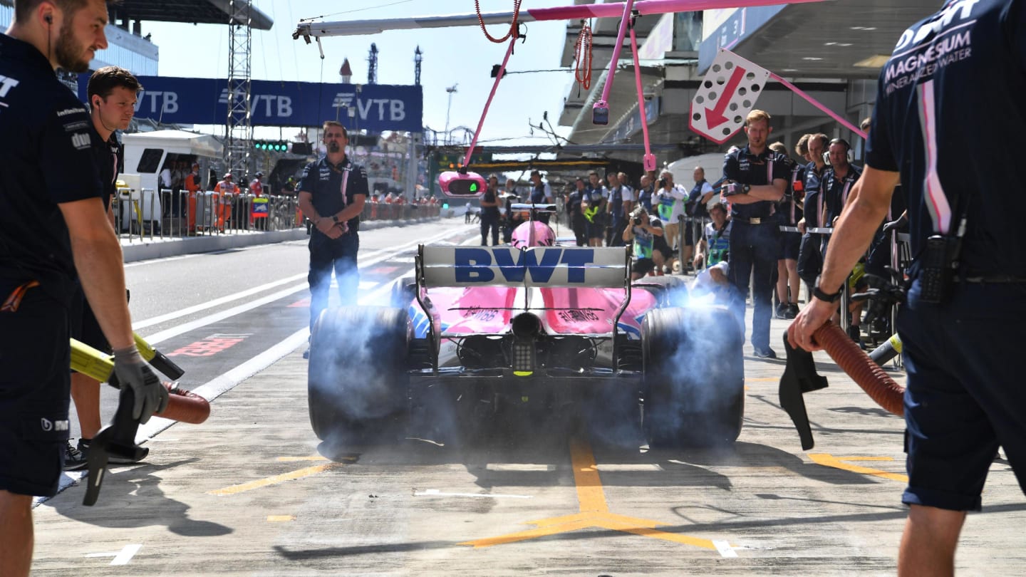 Sergio Perez, Racing Point Force India VJM11 leaves his pit box at Formula One World Championship,