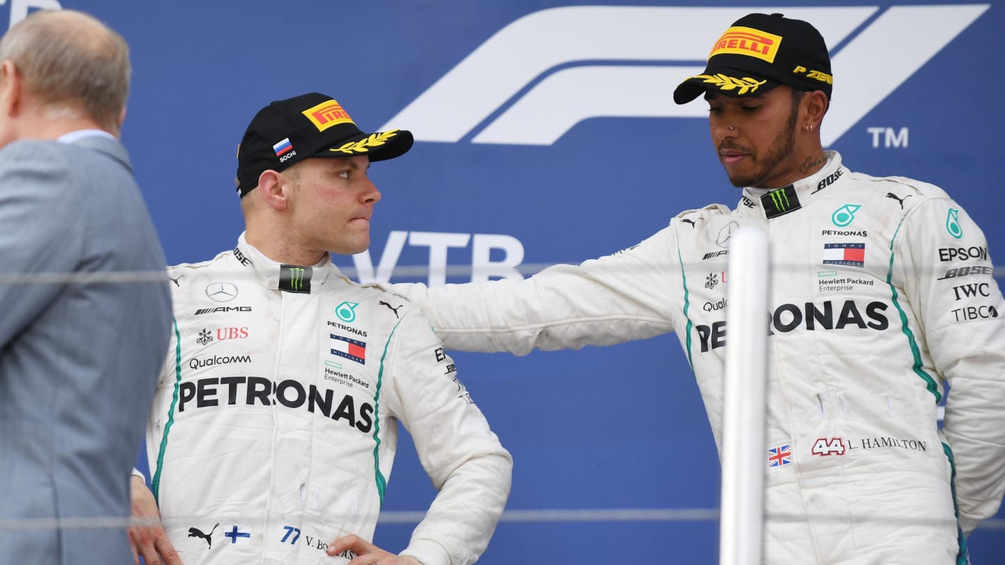 Lewis Hamilton, Mercedes AMG F1 and Valtteri Bottas, Mercedes AMG F1 on the podium at Formula One