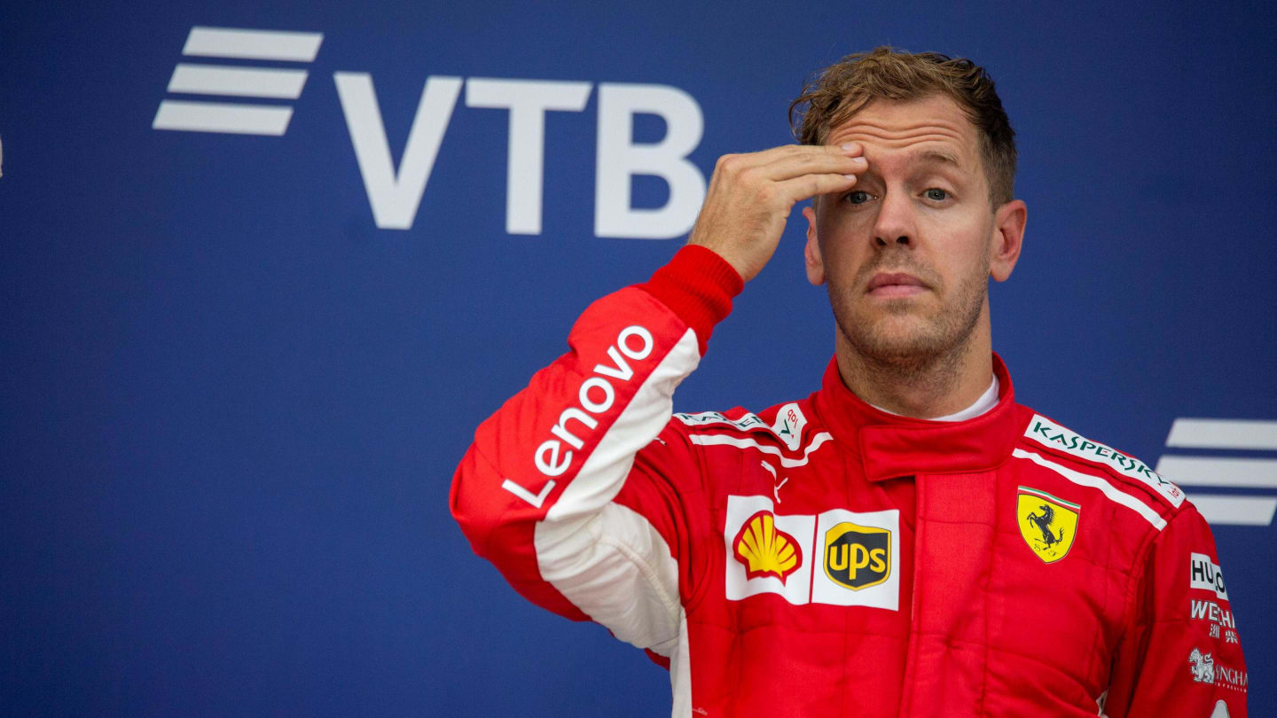Sebastian Vettel, Ferrari on the podium at Formula One World Championship, Rd16, Russian Grand Prix, Race, Sochi Autodrom, Sochi, Krasnodar Krai, Russia, Sunday 30 September 2018.