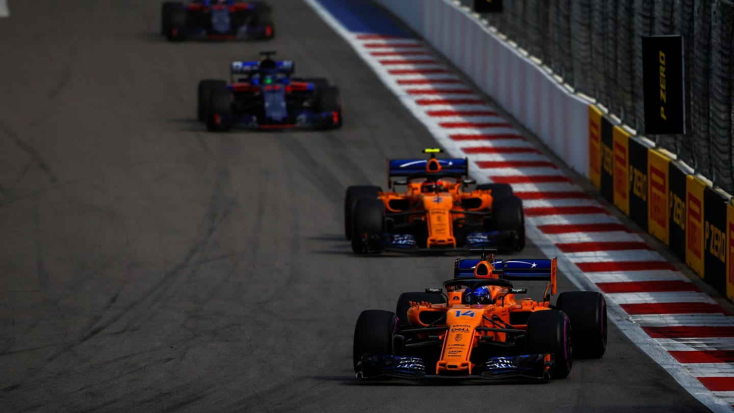 Fernando Alonso, McLaren MCL33 leads Stoffel Vandoorne, McLaren MCL33 at Formula One World Championship, Rd16, Russian Grand Prix, Race, Sochi Autodrom, Sochi, Krasnodar Krai, Russia, Sunday 30 September 2018.