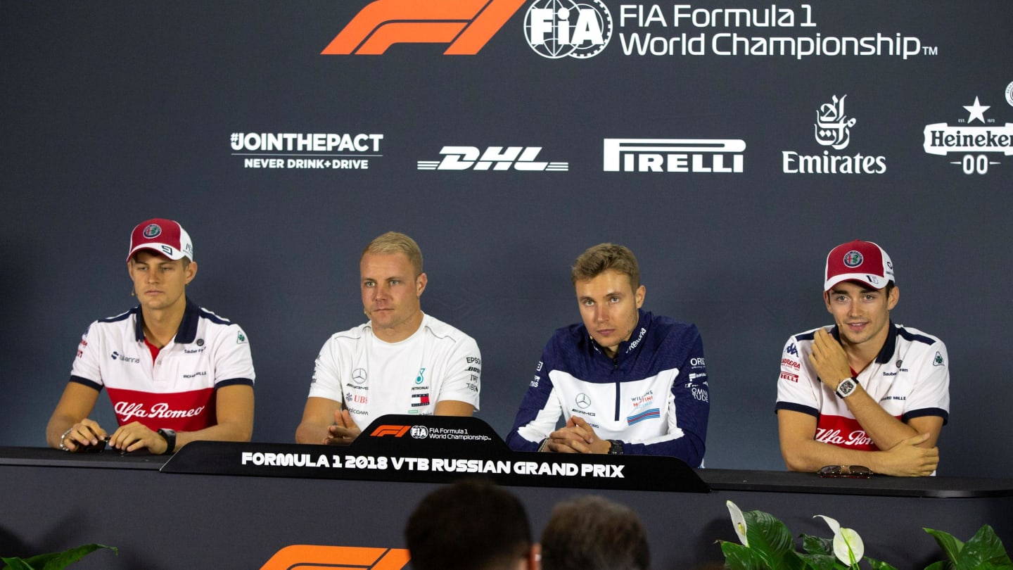 (L to R): Marcus Ericsson, Alfa Romeo Sauber F1 Team, Valtteri Bottas, Mercedes AMG F1, Sergey