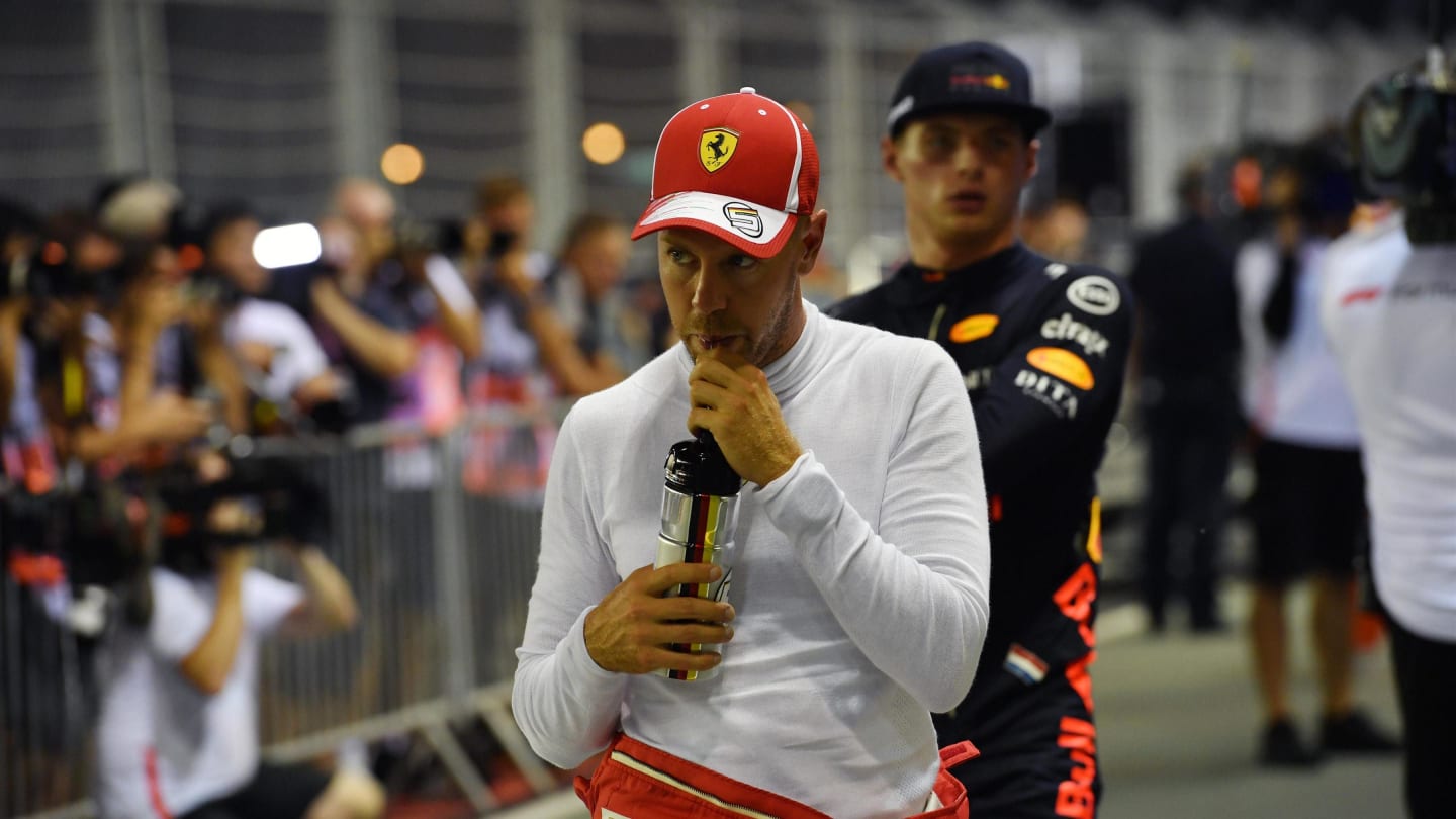 Sebastian Vettel, Ferrari celebrates in parc ferme at Formula One World Championship, Rd15, Singapore Grand Prix, Qualifying, Marina Bay Circuit, Singapore, Saturday 15 September 2018.