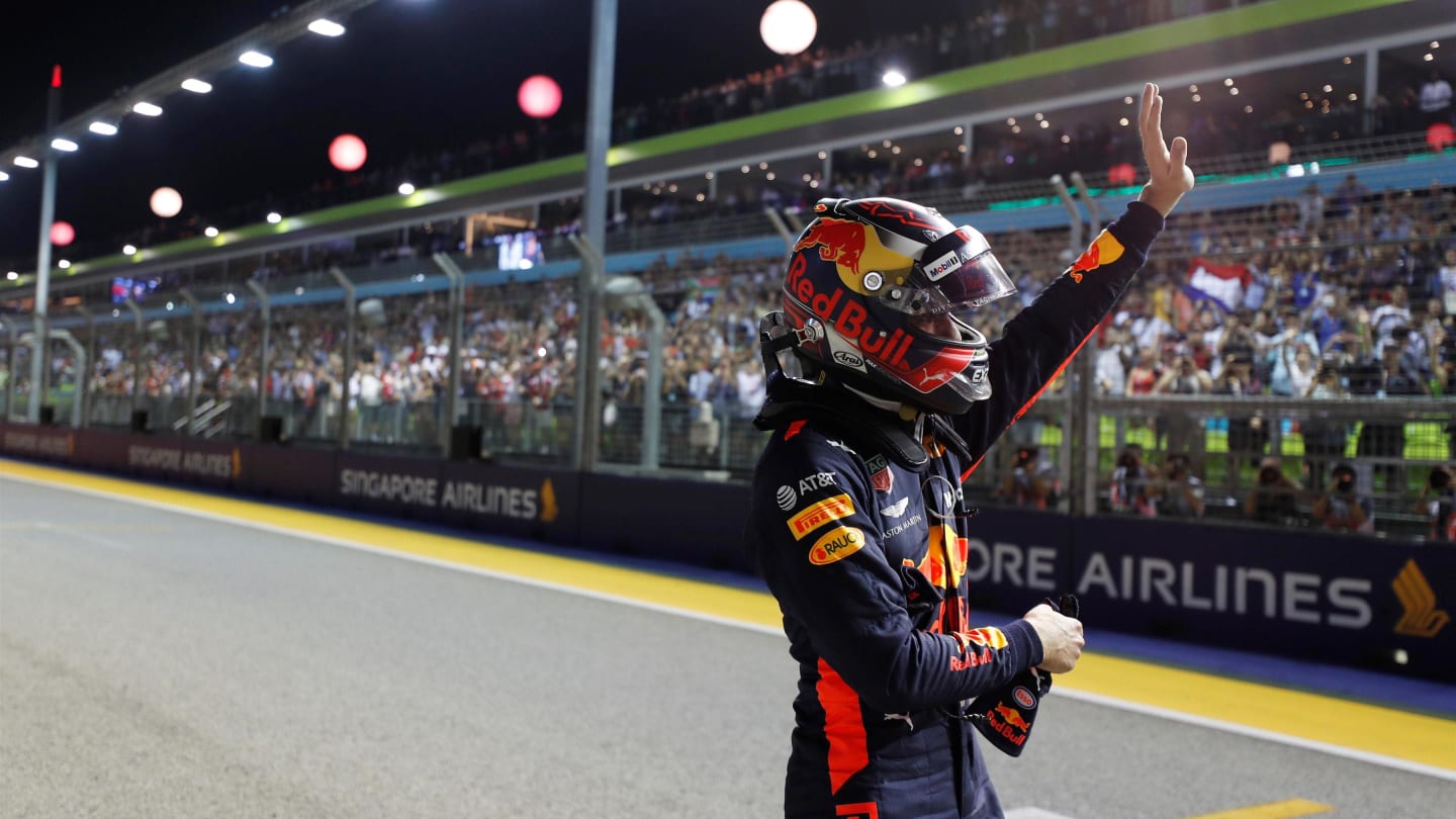 Max Verstappen, Red Bull Racing celebrates in parc ferme at Formula One World Championship, Rd15, Singapore Grand Prix, Qualifying, Marina Bay Circuit, Singapore, Saturday 15 September 2018.