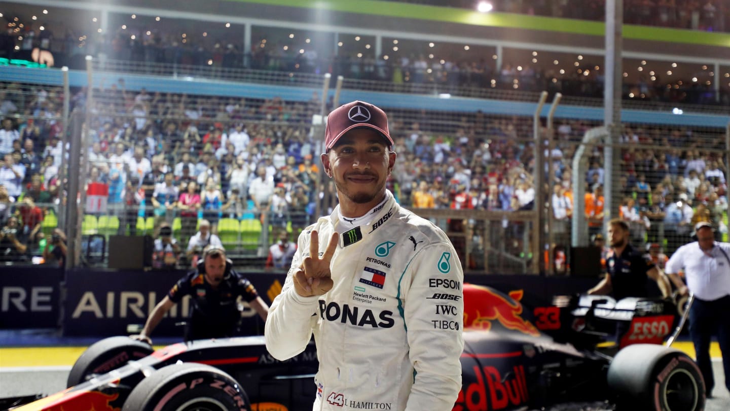 Pole sitter Lewis Hamilton, Mercedes AMG F1 celebrates in parc ferme at Formula One World