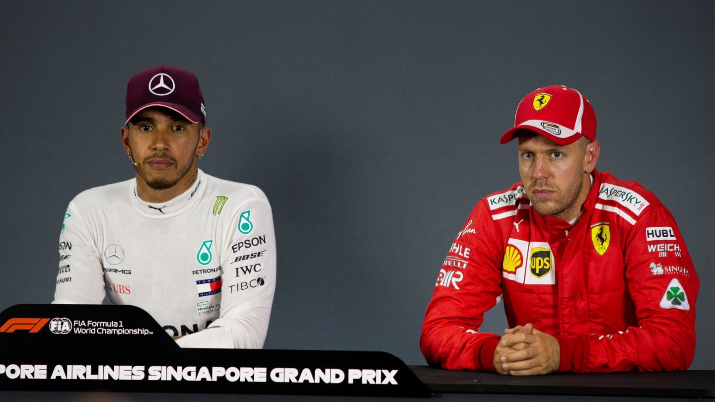 Lewis Hamilton, Mercedes AMG F1 and Sebastian Vettel, Ferrari in the Press Conference at Formula One World Championship, Rd15, Singapore Grand Prix, Qualifying, Marina Bay Circuit, Singapore, Saturday 15 September 2018.