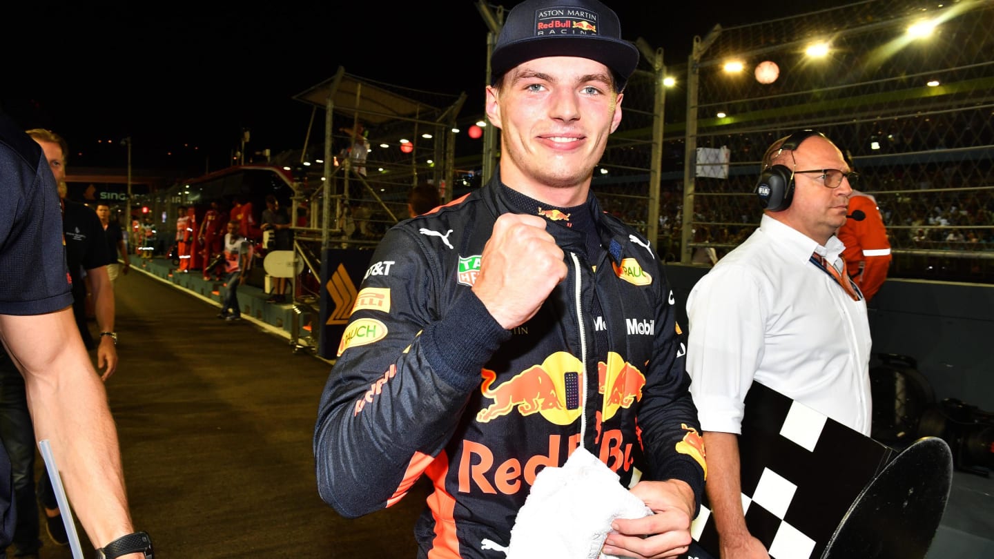 Max Verstappen, Red Bull Racing celebrates in parc ferme at Formula One World Championship, Rd15, Singapore Grand Prix, Qualifying, Marina Bay Circuit, Singapore, Saturday 15 September 2018.